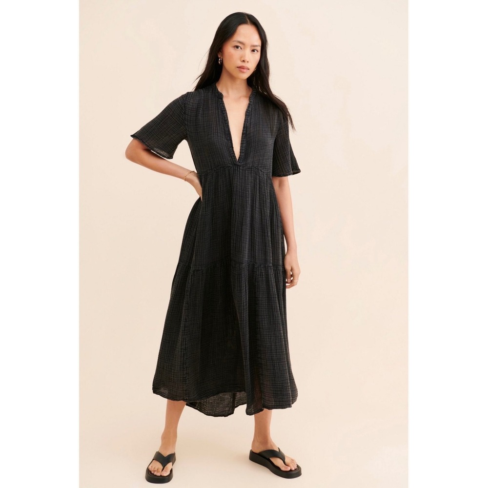 Anthropologie Tiered Midi Gauze Dress Black Cotton V-Neck Flutter Sleeve SP